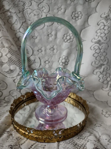 Vintage Fenton Iridescent Pink And Green Basket With A Ruffled Edge