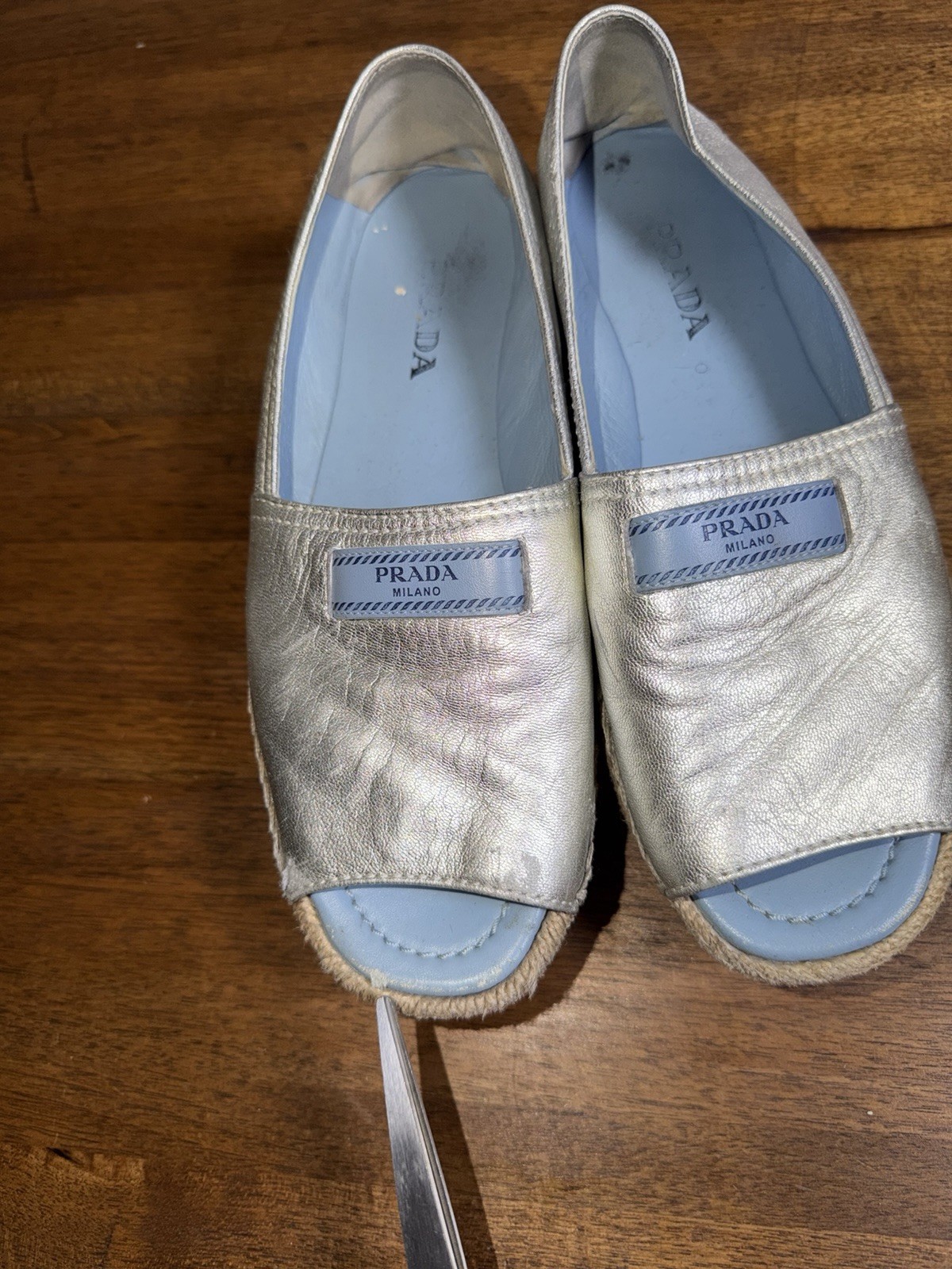 Prada Metallic Leather Peep Toe Espadrilles Platform   Casual Chic Resort 8.5 thumbnail 11