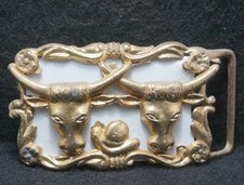 XD05160 VINTAGE 1960s TWO LONGHORN STEERS WESTERN FASHION MENS BELT BUCKLE