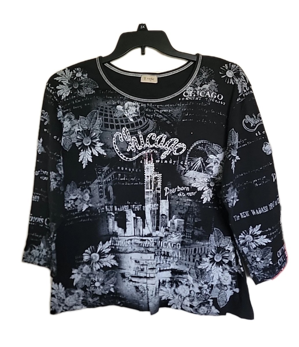 Cactus Womens Blouse 1X  T Shirt Chicago Black Long Sleeve Bedazzled