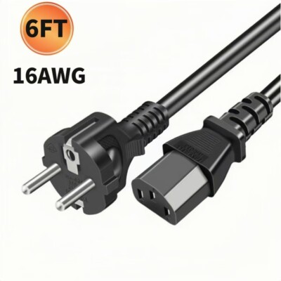 Black 6Ft 16AWG European Schuko Power Cord CEE 7/7 to IEC 320 C13, 10A/250V