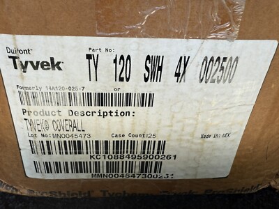 Dupont TY 120 SWH XXXXL 4X TYVEK Disposable Coverall Jumpsuit Case OF 25