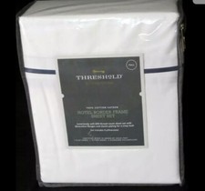 Threshold 600TC Full Hotel Border White Navy Sheet Set 100 Cotton 6Pc 18" Deep