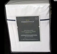 Threshold 600TC Full Hotel Border White Navy Sheet Set 100% Cotton 6Pc 18" Deep