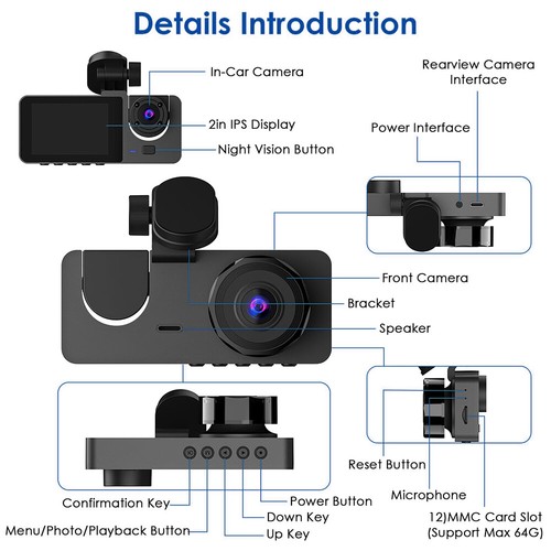 4K Dash Cam Front and Rear and Inside Dash 3-Camera With Free 32GB TF Card USA - Picture 8 of 22
