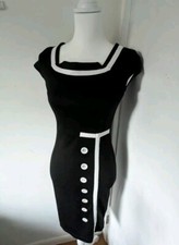 From UK Vintage Style Retro Black White Wiggle Tea dress BUTTONS Mad Men Small