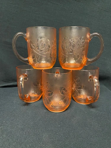 5 Vintage Arcoroc France Rosaline Textured Pink Glass Mugs Rosa Flower Tea Cups