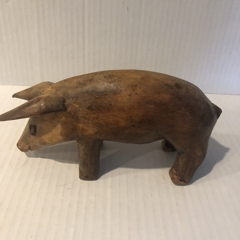 Vintage FOLK ART Hand Carved Wooden PIG Solid Wood Figurine Sculpture