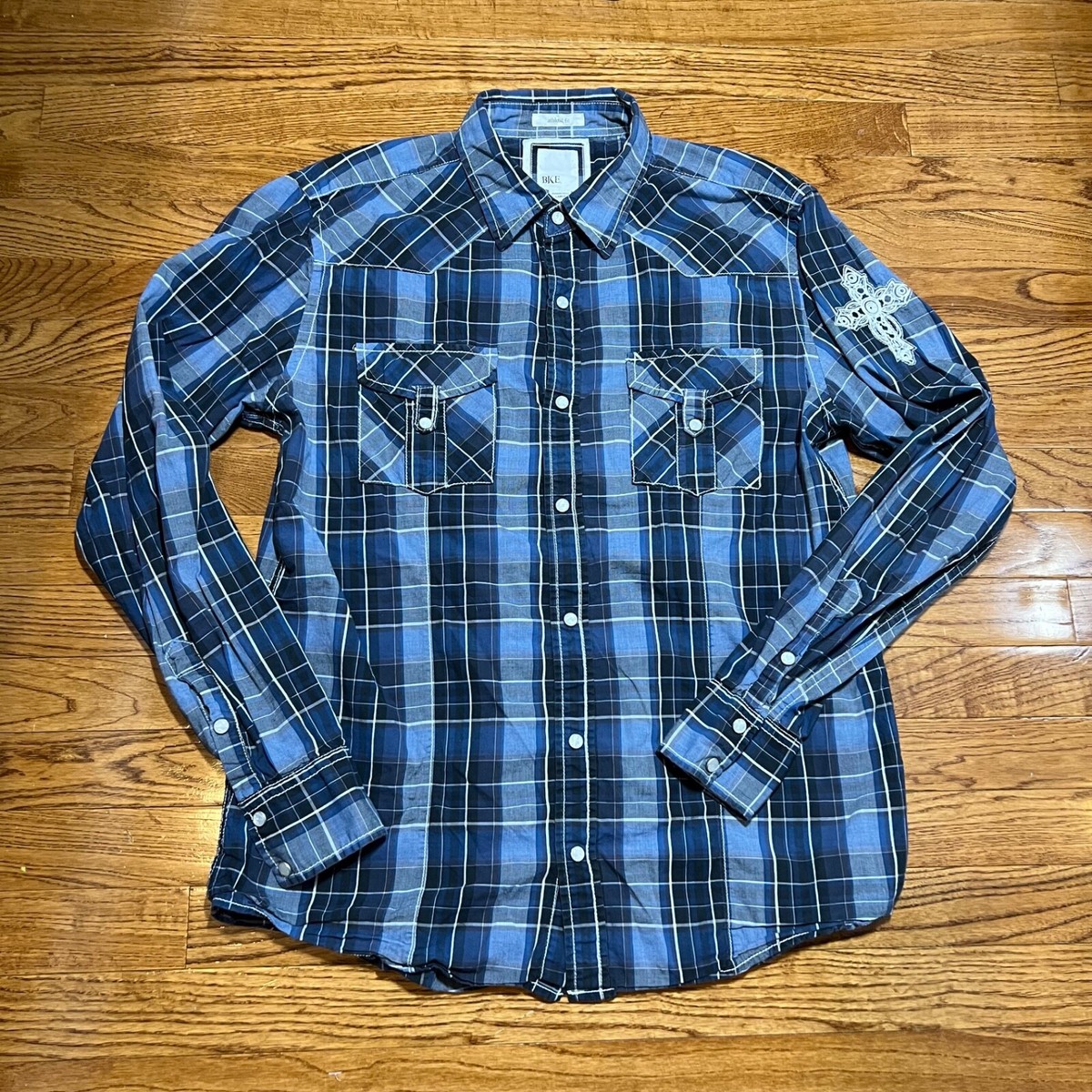 BKE Shirt Mens Large Blue Plaid Athletic Fit Pearl Snaps Western Cowboy  Pockets | eBay