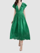 $3013 Zuhair Murad Women's Green V-Neck Broderie Anglaise A-Line Dress Size 6