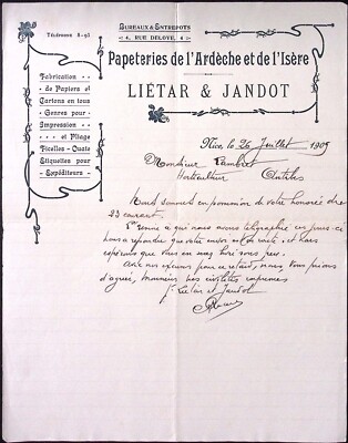 1909 Papeteries de l'Ardeche et de l'Isere Lietar & Jandor FRENCH Letterhead