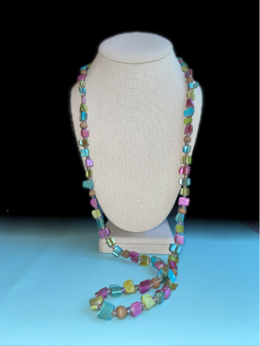 Rainbow Dyed Shell Necklace, purple, green, blue, with wooden bead spacers.