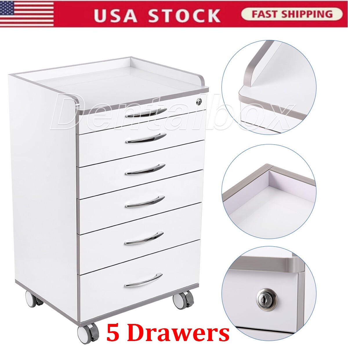 【USA】Dental Mobile Medical Cabinet 5 Drawers Trolley Cart Storage Stand