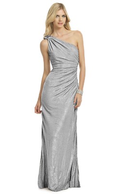 David Meister Gold Matelasse One-shoulder Metallic Gown $648 Dress
