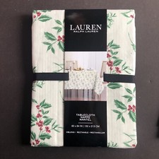 Ralph Lauren Cotton Tablecloth 60 x 84 Holly Berries Mistletoe NEW Oblong Rectan