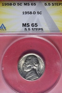 1958 D- ANACS 5C MS65 5.5 STEPS JEFFERSON NICKEL #B48467