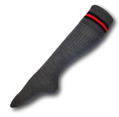 ALBERT PRENDERGAST Knee Length Dark Grey Turnover Top School Socks With Black & Red Trim Bands