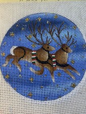 Handpainted Needlepoint canvas,18 mono Zweigart,Santa's Reindeers ornament,right