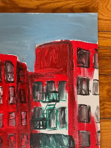 City Row Buildings 12x16 Red Renault Contemporary Outsider Art Canvas Painting - Bild 4 von 5