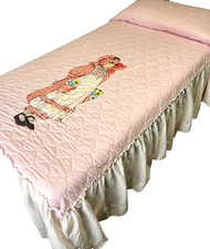 Vintage HOLLY HOBBIE Pink Floral Twin Bedspread Bedcover 1970's Fabric Craft