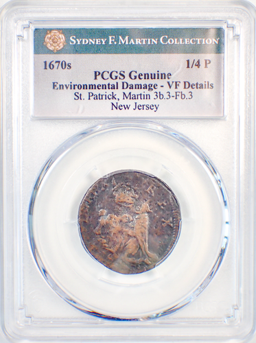 1670 New Jersey St Patrick Farthing Colonial Coin 1/4P - PCGS VF Detail - Picture 2 of 4