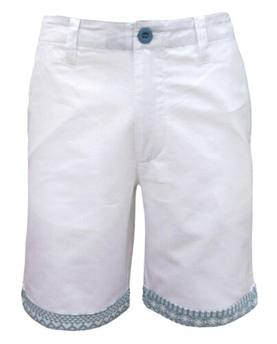 Soul Star Men's Oxford Turn Up Aztec Trim Casual Cotton Shorts white - Afbeelding 1 van 2