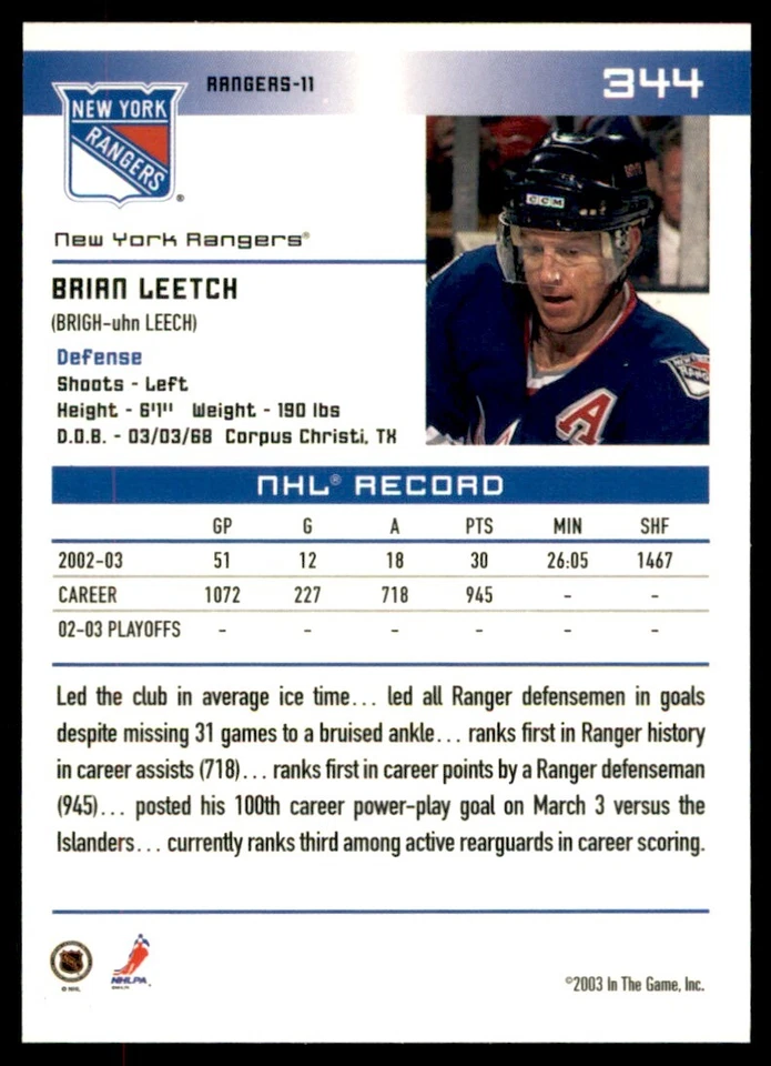 2003-04 In The Game Action Brian Leetch #344 - Image 2 of 2