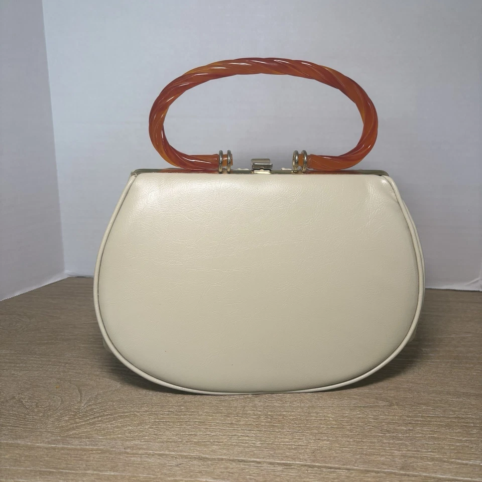 VTG Garay Handbag 1950 Ivory Translucent Twisted Amber Lucite Handle MCM EUC - Image 2 of 4