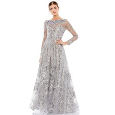 Mac Duggal 67498 Floral Embroidered Illusion Lace Gown Gray Sterling Size 6 NWT