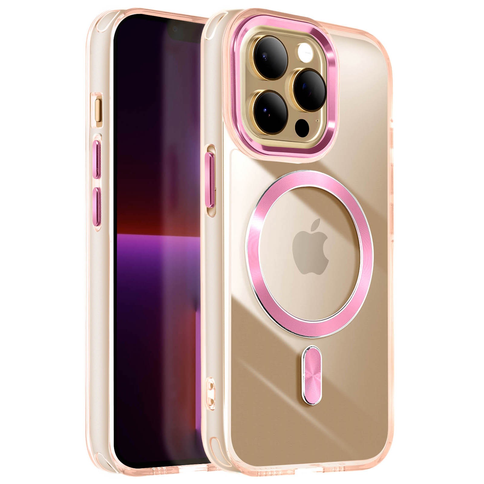 Coque iPhone 13 Pro Max transparente anti-jaunissement dos rigide et contour silicone rose