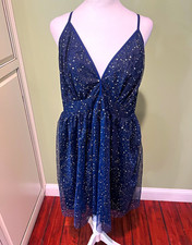 Navy Solid Glitter Tulle V-Neck Strappy Crisscross Back Fit & Flare Dress S