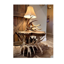 Mega Whitetail   Rustic Antler Table Lamp, Bell Shade Included, Pull Chain