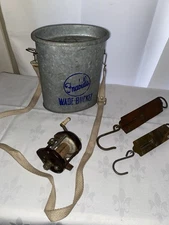 antique vintage fishing gear lot scales wade bucket reel