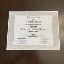 Yamaha Little Red Schoolhouse 1997 Certificate Of Gerald Paluck Piano Service