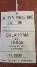Vintage Oklahoma Vs Texas Football Oct 10 1992 First Level Press Box Pass Ticket
