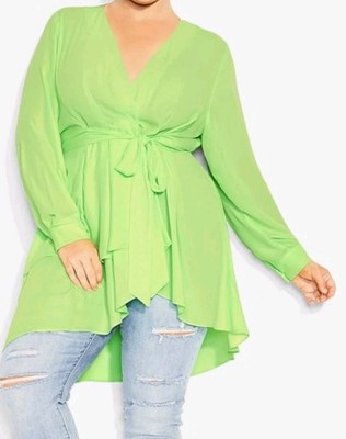 City Chic Shibara Tunic Top Woman Plus Sz 20W Sheer Citrus Neon Green Belted Nwt