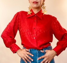 70s Valentino Red Silk Butterfly Collar Balloon Sleeves Blouse
