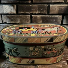 Antique Tony Sarg Lithograph Wood Pantry Box Horse & Carriage Marionette 1920s