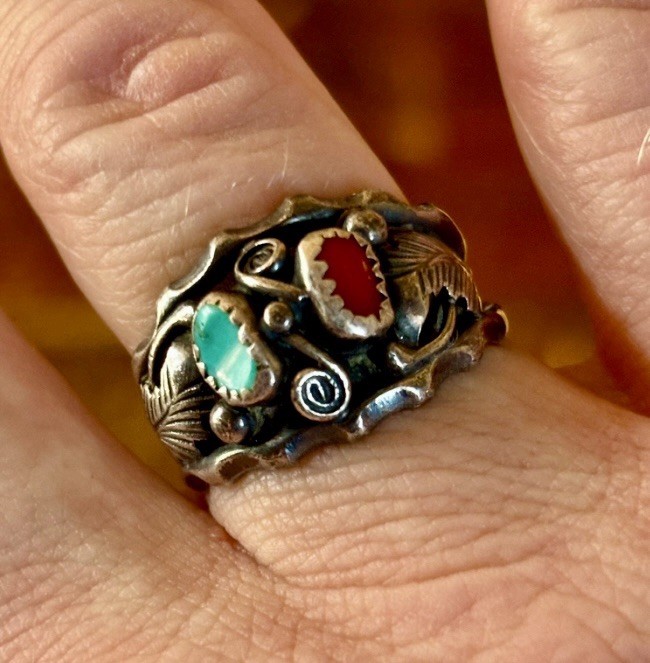 Vintage Max Calabaza Navajo Ring 925 Sterling Silver Turquoise