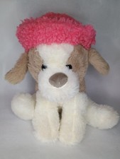 Cute Cuddly Jazwares Brown White Dog Puppy Plush Pink Hat Stuffed Animal 9"