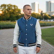 True Religion Quad Buddah Denim Varsity Mens XL Bomber Jacket Navy/White 239