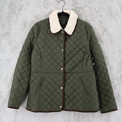 Lauren Ralph Lauren Faux-Sherpa-Collar Quilted Coat Women L Green Jacket NWT