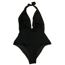 H M Black Halter Deep V Plunge Neck One Piece Fitted Swimsuit Women Size 4