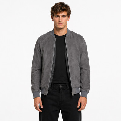 Men s Grey Suede Bomber Jacket, Casual Zip Up Jacket, Minimal Streetwear Jacket