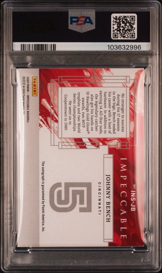 2024 Panini Impecável Johnny Bench Auto/5 Números Impecáveis #INSJB Reds PSA 8 - Imagem 2 de 2