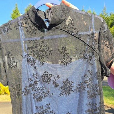 Vintage Arianna by Rachel Kaye Black Lace Illusion Maxi Dress with Blue Lining 