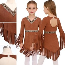Girls Native American Cosplay Tassel Hem Costume Long Fringed Sleeve Dress Ball