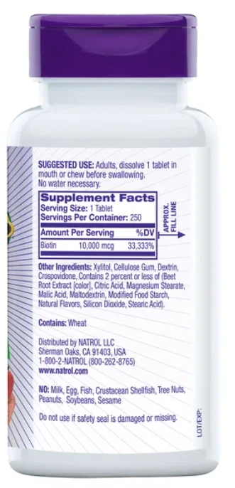 Natrol Biotina Disolución Rápida - Fresa 10.000 mcg 250 Tabs Foto 3 de 4