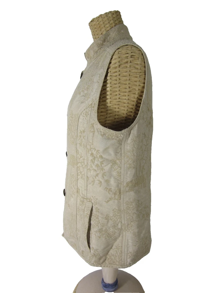 Vtg Chicos 1 Womens Medium Beige Asian Embroidered Raw Silk Button Vest Pockets - Image 2 of 4
