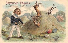 L175 Easter Greetings 1910 Boy Rabbits eggs embossed postcard